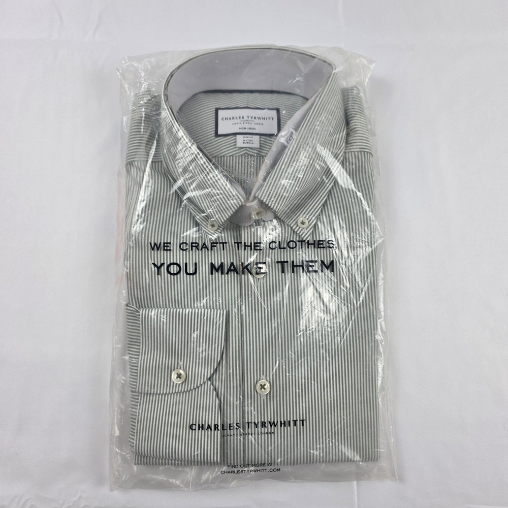 Charles Tyrwhitt Shirt Mens 16 Green Stripe Non Iron Slim Fit Dress Shirt